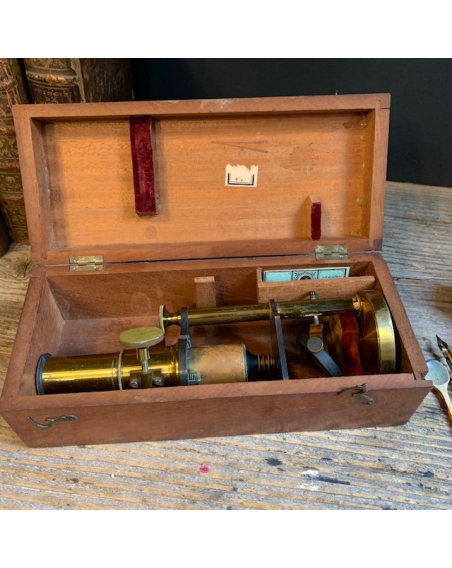 Antique brass rack and pinion microscope in mahogany case