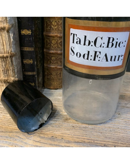 Tablette de Bicarbonate de Soude et Fleur d'Or - Flacon de pharmacie en verre soufflé - XIXème siècle