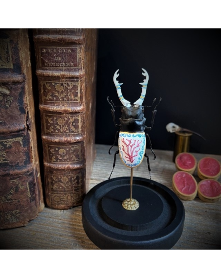 Stag beetle painted by Mandrin Valet - Porcelain and gold pattern - Coral - Painted insect