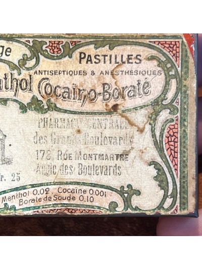 Boîte de pastilles à la Cocaïne - Menthol Borate et Cocaïne 1920