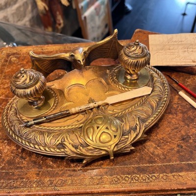 Chauve-souris - Encrier double ancien en bronze du XIXème siècle