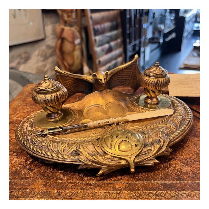 Bat - Antique double inkwell in bronze - 19th century - Esoteric