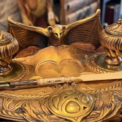 Chauve-souris - Encrier double ancien en bronze du XIXème siècle