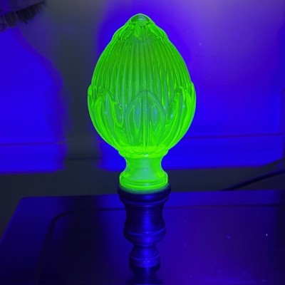 Uranium vaseline glass newel post finial - Flower ball on bronze base
