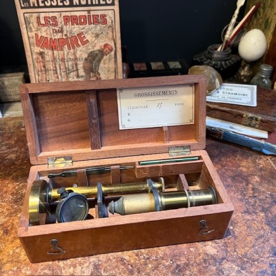 Brass straight column microscope - 19th century - Mahogany case Brass straight column microscope - 19th century - Mahogany case
