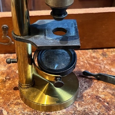 Brass straight column microscope - 19th century - Mahogany case Brass straight column microscope - 19th century - Mahogany case