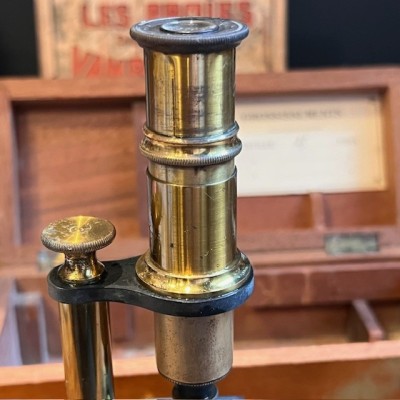 Brass straight column microscope - 19th century - Mahogany case Brass straight column microscope - 19th century - Mahogany case