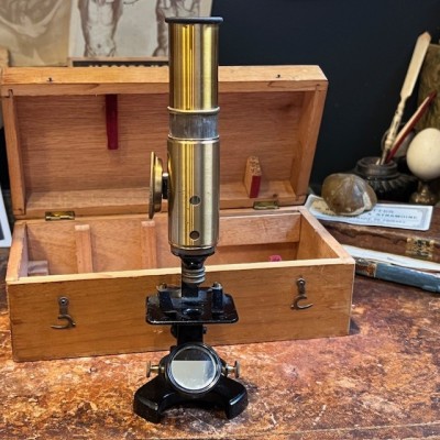 Brass straight column microscope with rack and pinion- 19th century Brass straight column microscope with rack and pinion- 19th century