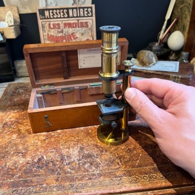Brass straight column microscope - 19th century - Mahogany case Brass straight column microscope - 19th century - Mahogany case