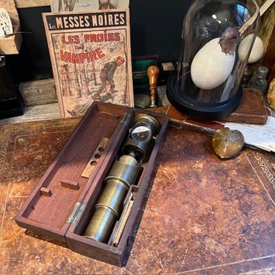 Antique drum microscope in brass -  Mahogany box - XIXth century