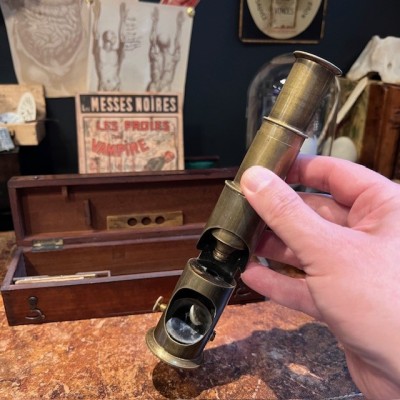 Antique drum microscope in brass -  Mahogany box - XIXth century