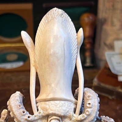 Deer antler wood sculpture - Octopus on pedestal