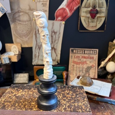 Deer antler wood sculpture - Snake and Skulls Totem on pedestal