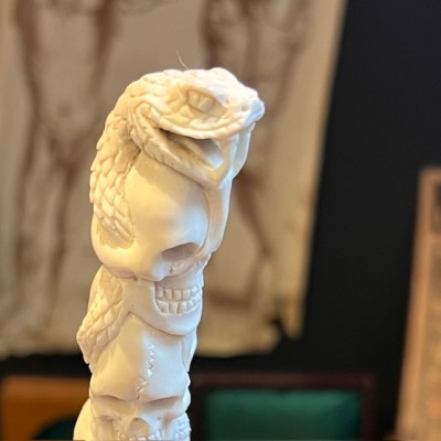 Deer antler wood sculpture - Snake and Skulls Totem on pedestal