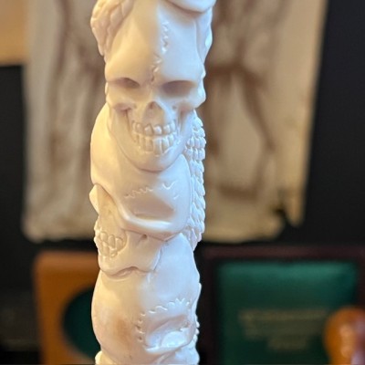 Deer antler wood sculpture - Snake and Skulls Totem on pedestal