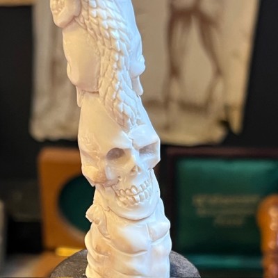 Deer antler wood sculpture - Snake and Skulls Totem on pedestal