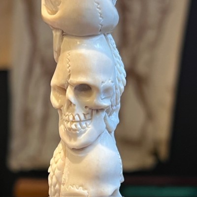 Deer antler wood sculpture - Snake and Skulls Totem on pedestal