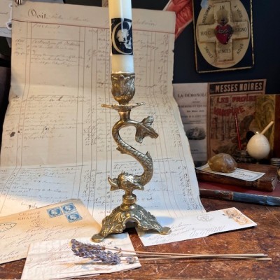 Stylised bronze dolphin candle holder - Late XIXth century