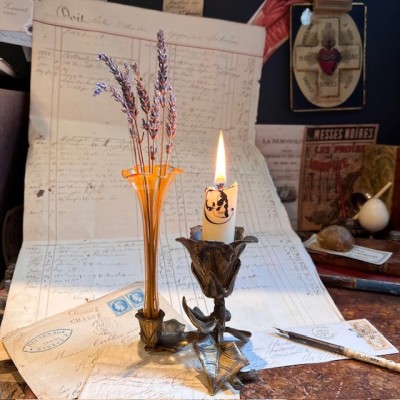 Glass vase and bronze candlestick - Art Nouveau
