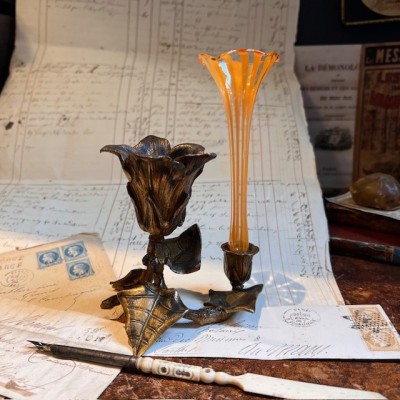 Glass vase and bronze candlestick - Art Nouveau