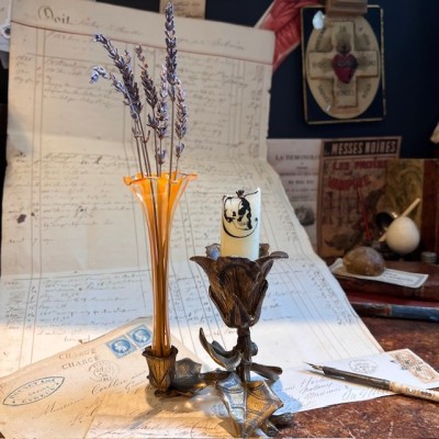 Glass vase and bronze candlestick - Art Nouveau