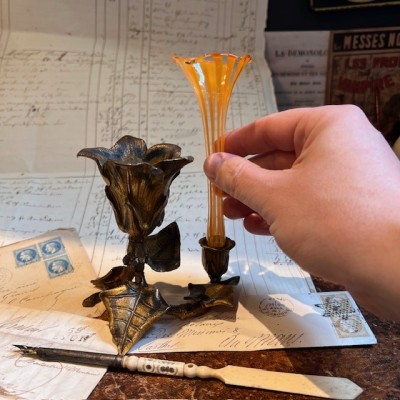 Soliflore en verre et bougeoir en bronze - Art Nouveau