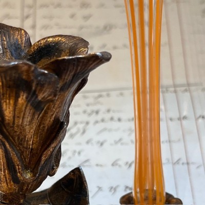 Glass vase and bronze candlestick - Art Nouveau