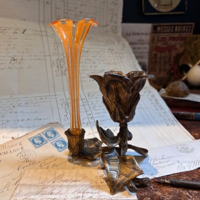 Soliflore en verre et bougeoir en bronze - Art Nouveau