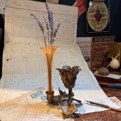 Glass vase and bronze candlestick - Art Nouveau