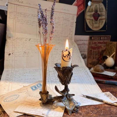 Glass vase and bronze candlestick - Art Nouveau
