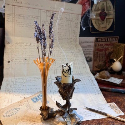 Glass vase and bronze candlestick - Art Nouveau