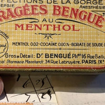 Boîte de dragées à la Cocaïne et Menthol - 1920 - Dragées BENGUE