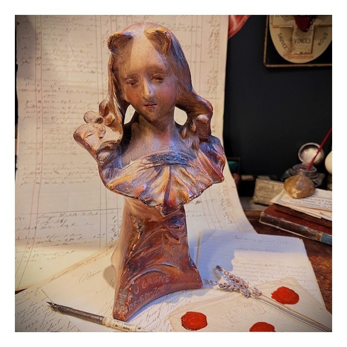 Buste publicitaire en plâtre - Au Gagne Petit - Art nouveau vers 1900