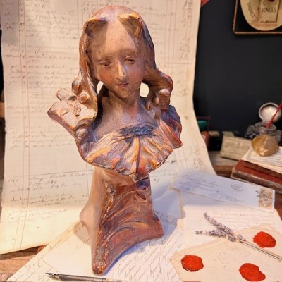 Advertising bust in plaster - Au Gagne Petit - Art Nouveau circa 1900