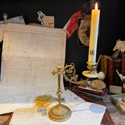 Antique brass candlestick or candle holder, adjustable height and swiveling