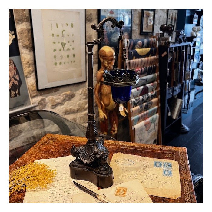 Veilleuse de table à suspension d'époque Louis-Philippe - Verre bleu