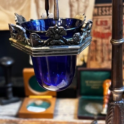 Veilleuse de table à suspension d'époque Louis-Philippe - Verre bleu