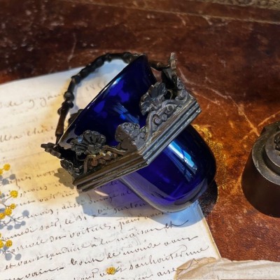 Veilleuse de table à suspension d'époque Louis-Philippe - Verre bleu