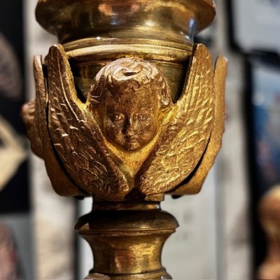 Large Neo-Renaissance chased brass altar candleholder - 19th century