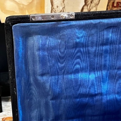 Antique storage box for glass eyes in blue felt - 50 compartments