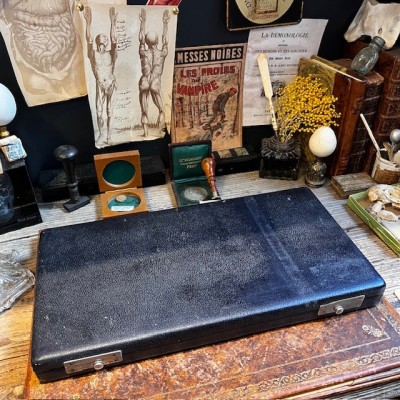 Antique storage box for glass eyes in blue felt - 50 compartments