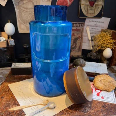 Bocal de pharmacie en verre bleu - Apothicaire - Goulot large - XIXème