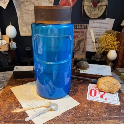 Bocal de pharmacie en verre bleu - Apothicaire - Goulot large - XIXème