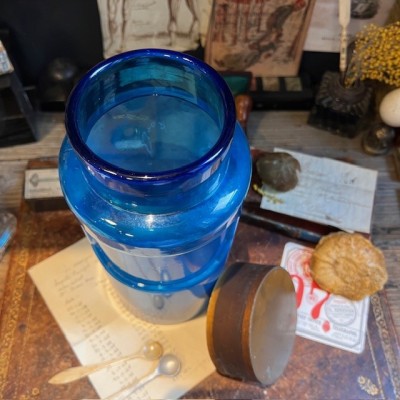 Bocal de pharmacie en verre bleu - Apothicaire - Goulot large - XIXème