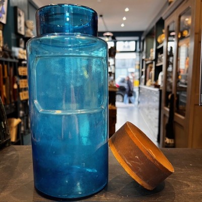 Bocal de pharmacie en verre bleu - Apothicaire - Goulot large - XIXème