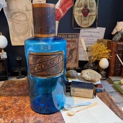Poudre de réglisse - Flacon pharmacie verre bleu XIXème - Apothicaire