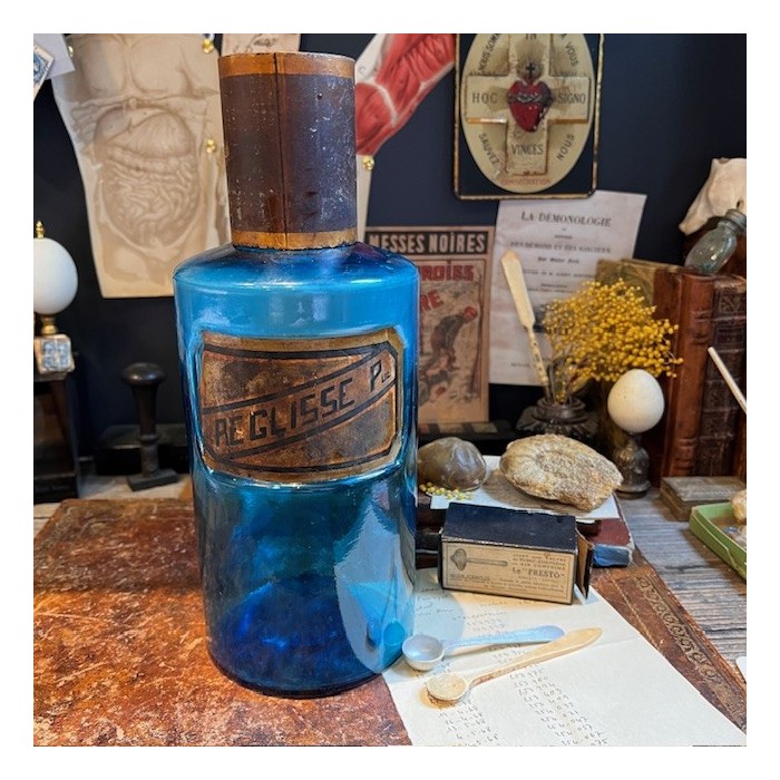 Poudre de réglisse - Flacon pharmacie verre bleu XIXème - Apothicaire