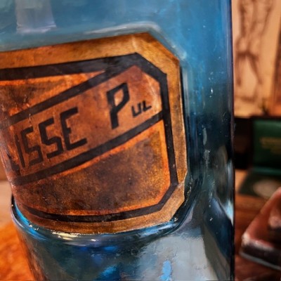 Poudre de réglisse - Flacon pharmacie verre bleu XIXème - Apothicaire