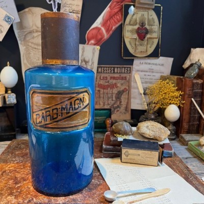 Carbonate de Magnésie - Flacon pharmacie verre bleu XIXème - Apothicaire