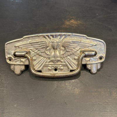 Chromed metal coffin handle - Art Deco Winged hourglass